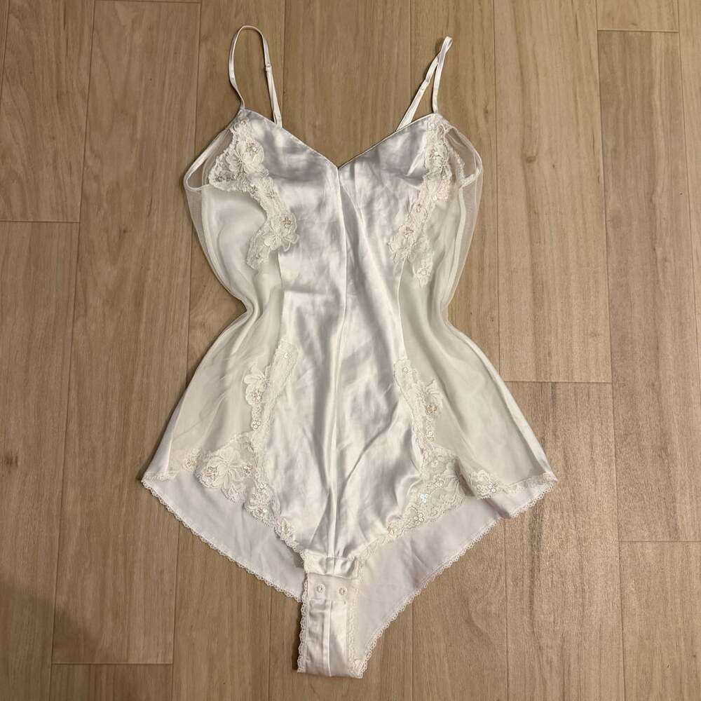 Victoria's Secret White Satin And Lace Teddy Romper Bodysuit Size M